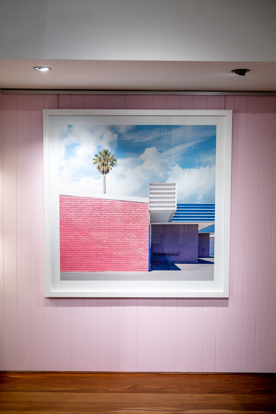 Palm trees + pink Limited Edition 75x75cm Framed in white with Ultra Glass