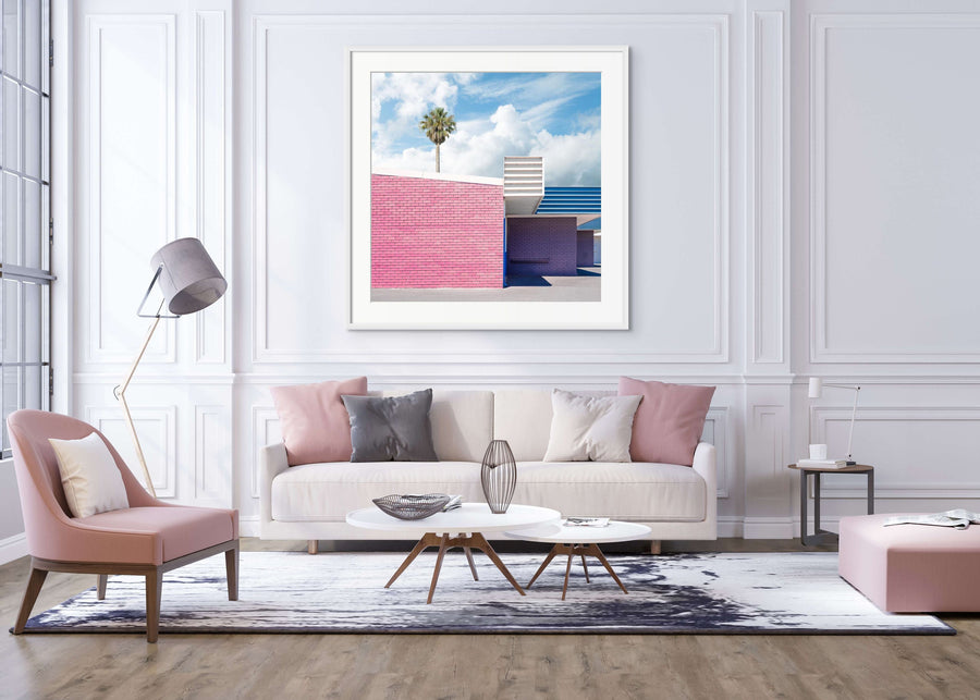 Palm trees + pink Limited Edition 75x75cm Framed in white with Ultra Glass