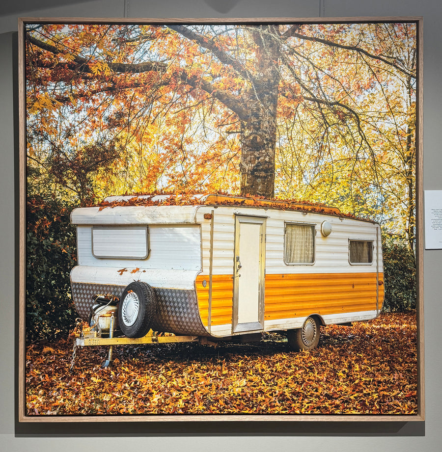 Retro Camping 90x90cm STRETCHED CANVAS WITH timber SHADOW LINE FRAME