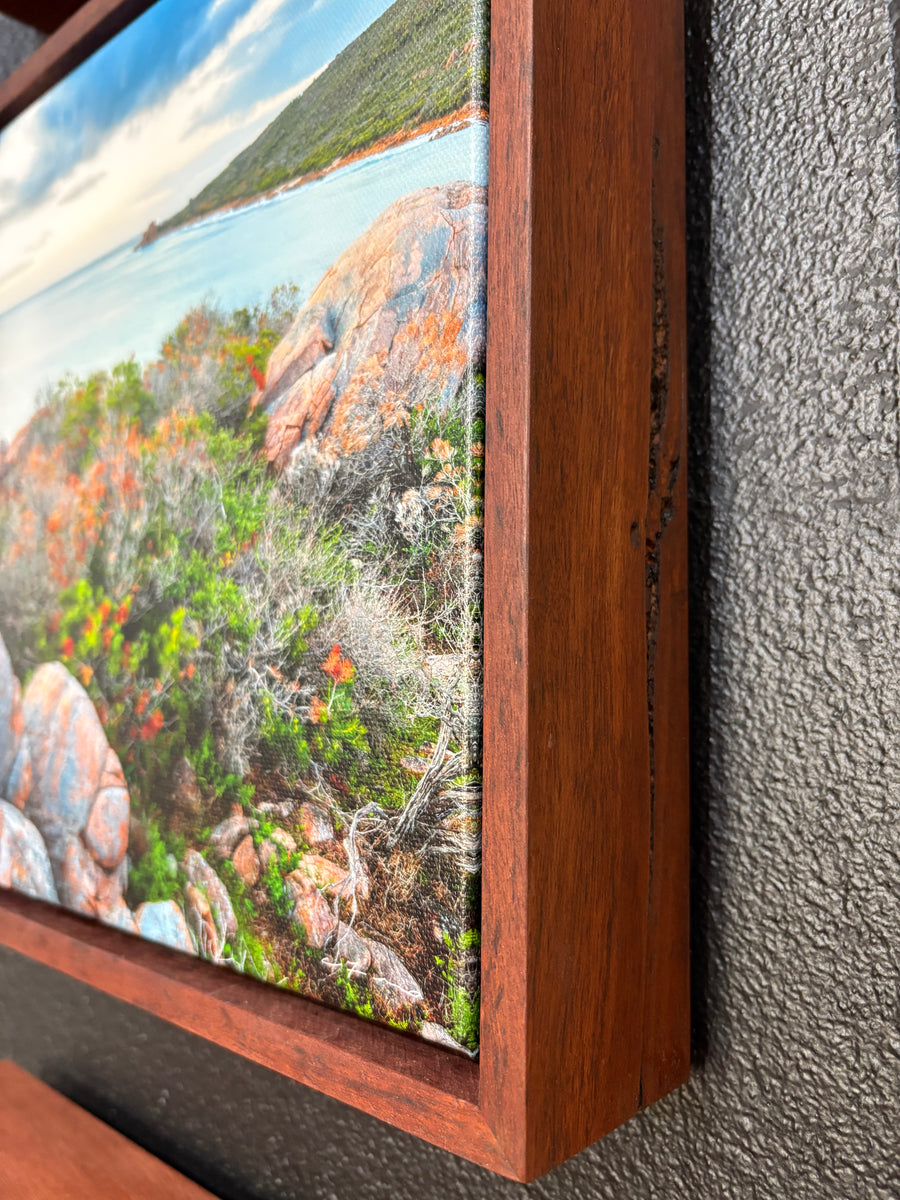 Castle Rock Bay, 25x25cm Framed stretched canvas with Jarrah shadow line frame