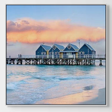 Busselton Jetty, 25x25cm Framed stretched canvas with white shadow line frame