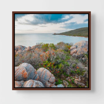 Castle Rock Bay, 25x25cm Framed stretched canvas with Jarrah shadow line frame