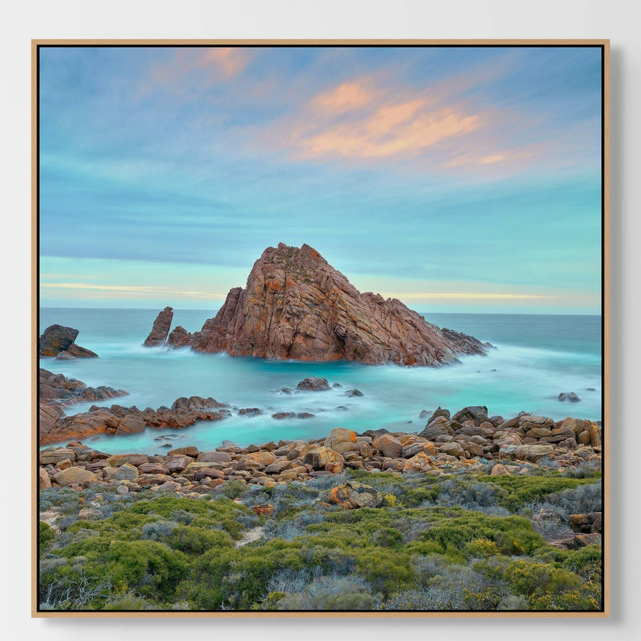 Sugarloaf Rock, 25x25cm Framed stretched canvas with oak shadow line frame