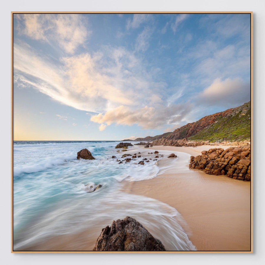 Wyadup Beach 100x100cm framed Stretched Canvas With timber Shadow Line Frame