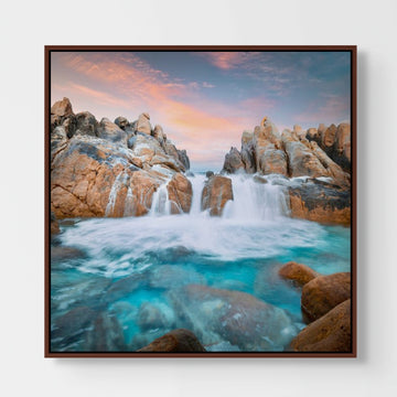 Wyadup Rocks, 25x25cm Framed stretched canvas with  light jarrah shadow line frame