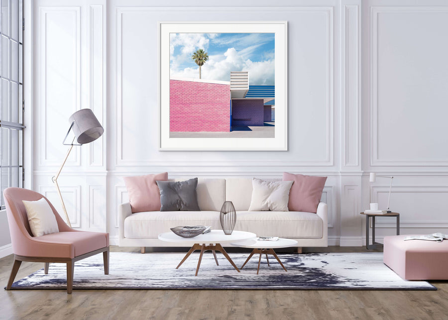 Palm trees + pink Limited Edition 100x100cm Framed in white