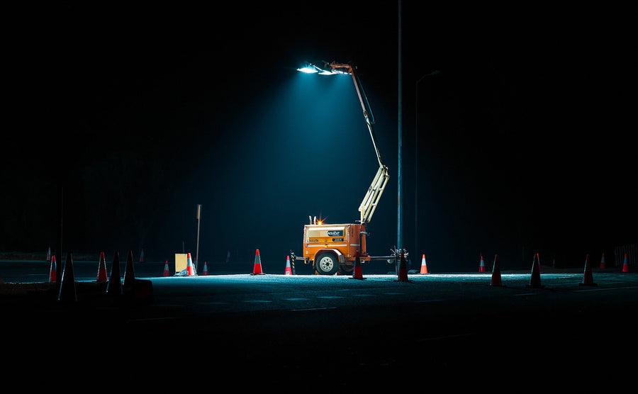 Flood lights at nights, roadworks, traffic cones and controls.  Highway Busselton to Bunbury, South Western Australia