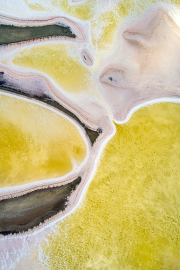 An aerial photograph of Lake Dumbleyung in Western Australia.  The yellow salt lakes form a beautiful abstract image in the photograph from award winning photographer, Christian Fletcher.